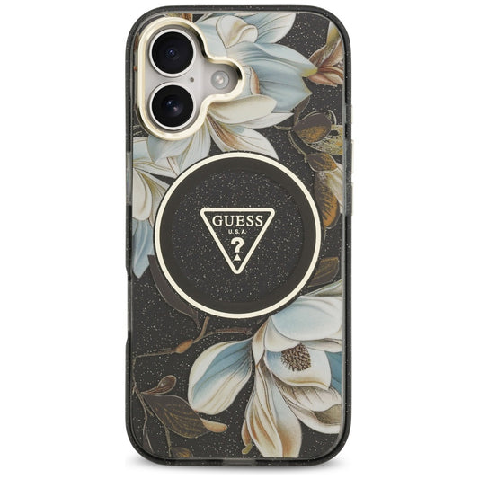 Étui MagSafe pour Apple iPhone 17, Guess, IML Metal Glitter Flowers Triangle, Noir