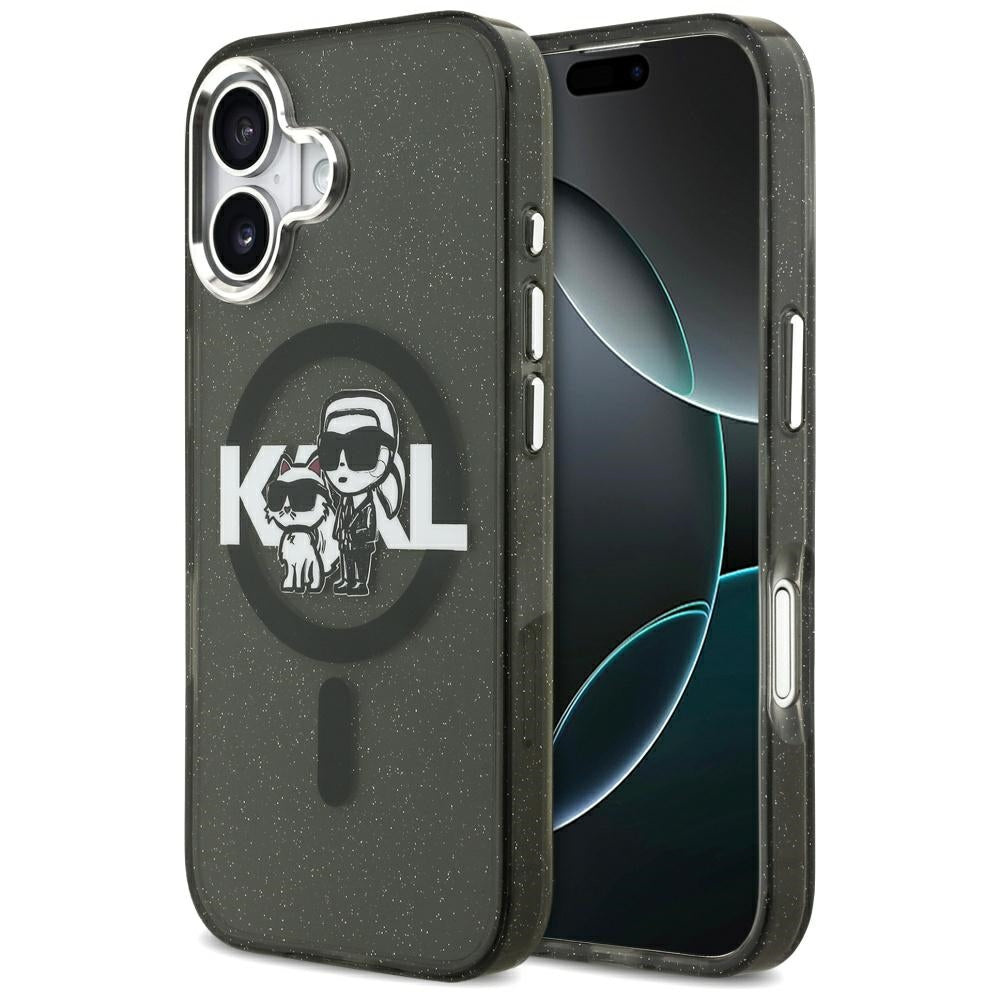 Housse MagSafe pour Apple iPhone 17, Karl Lagerfeld, IML Sketch Logo Glitter Karl & Choupette, Noire