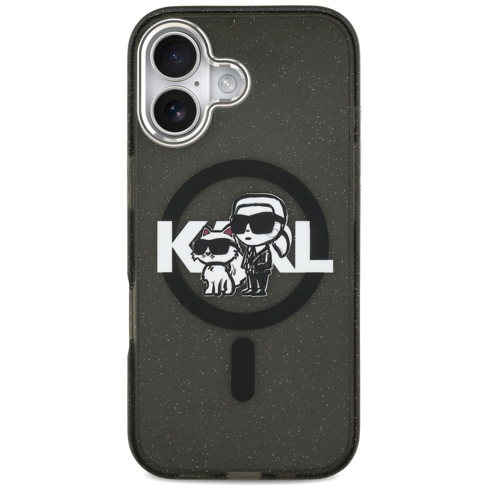Housse MagSafe pour Apple iPhone 17, Karl Lagerfeld, IML Sketch Logo Glitter Karl & Choupette, Noire