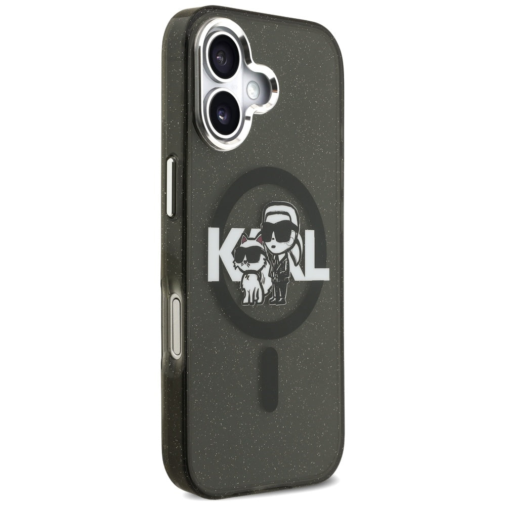 Housse MagSafe pour Apple iPhone 17, Karl Lagerfeld, IML Sketch Logo Glitter Karl & Choupette, Noire