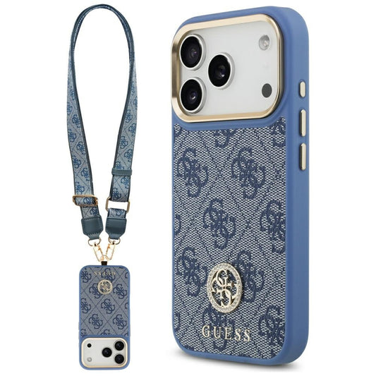 Étui MagSafe pour Apple iPhone 17 Pro, Guess, Logo Strass 4G avec Grande Bandoulière, Bleu