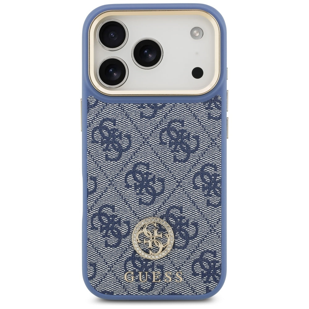 Étui MagSafe pour Apple iPhone 17 Pro, Guess, Logo Strass 4G avec Grande Bandoulière, Bleu