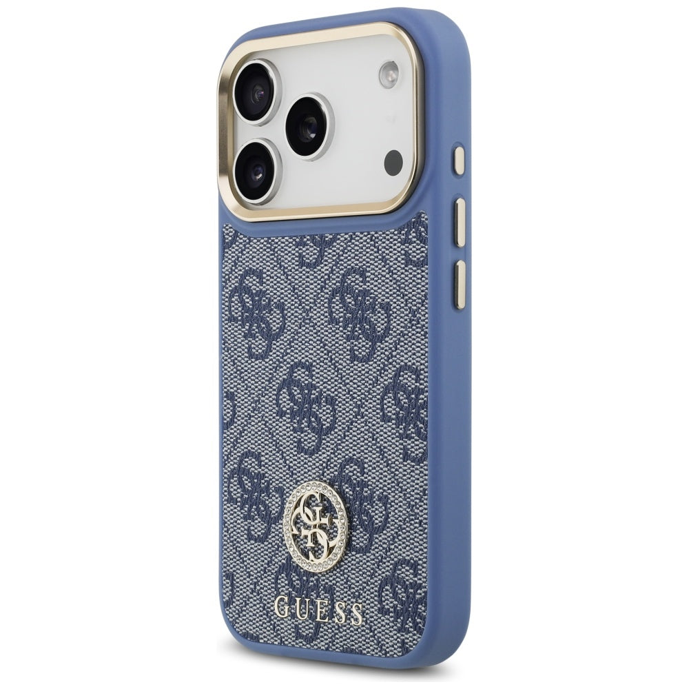 Étui MagSafe pour Apple iPhone 17 Pro, Guess, Logo Strass 4G avec Grande Bandoulière, Bleu