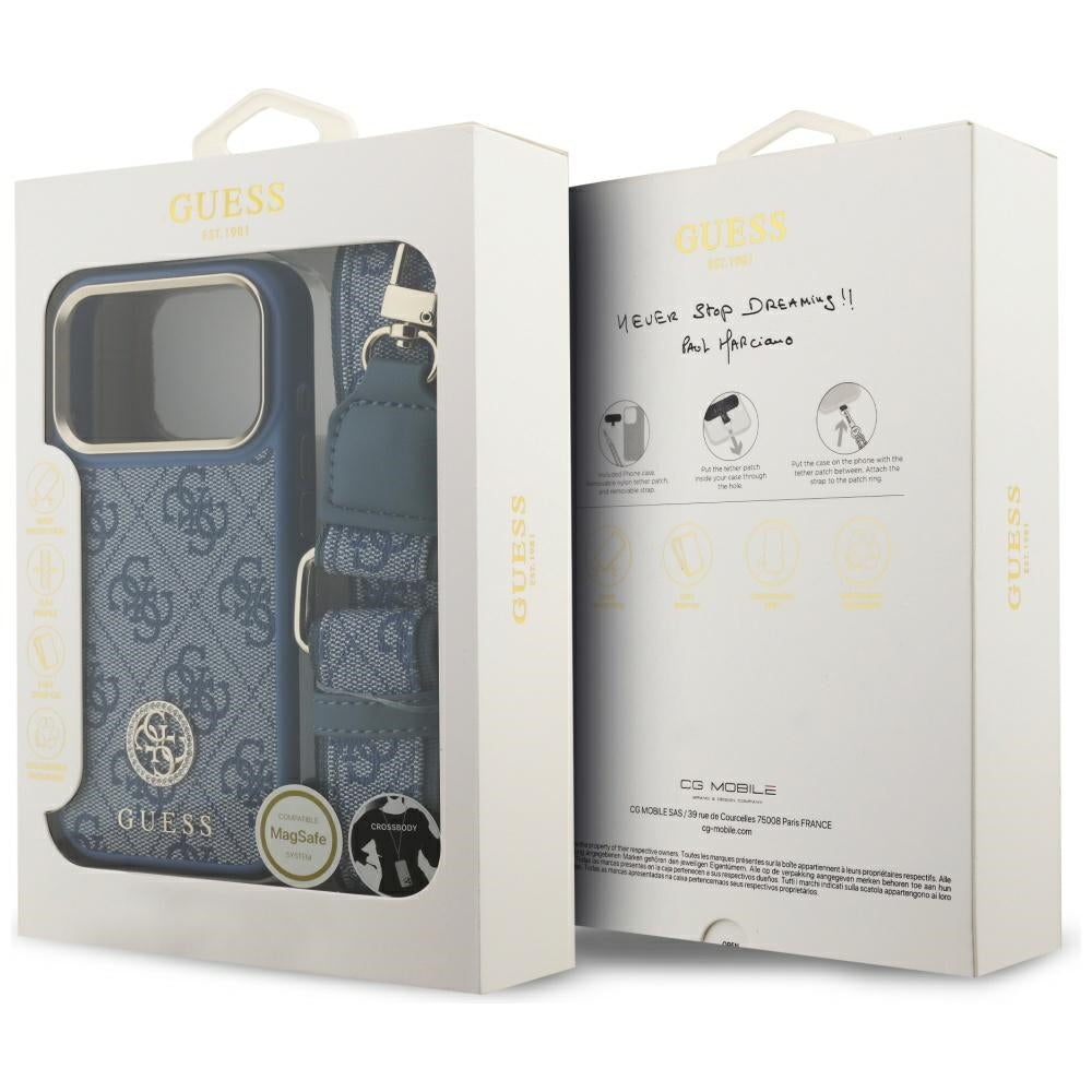 Étui MagSafe pour Apple iPhone 17 Pro, Guess, Logo Strass 4G avec Grande Bandoulière, Bleu