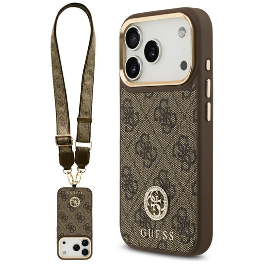 Étui MagSafe pour Apple iPhone 17 Pro, Guess, Logo Strass 4G avec Grande Bandoulière, Marron