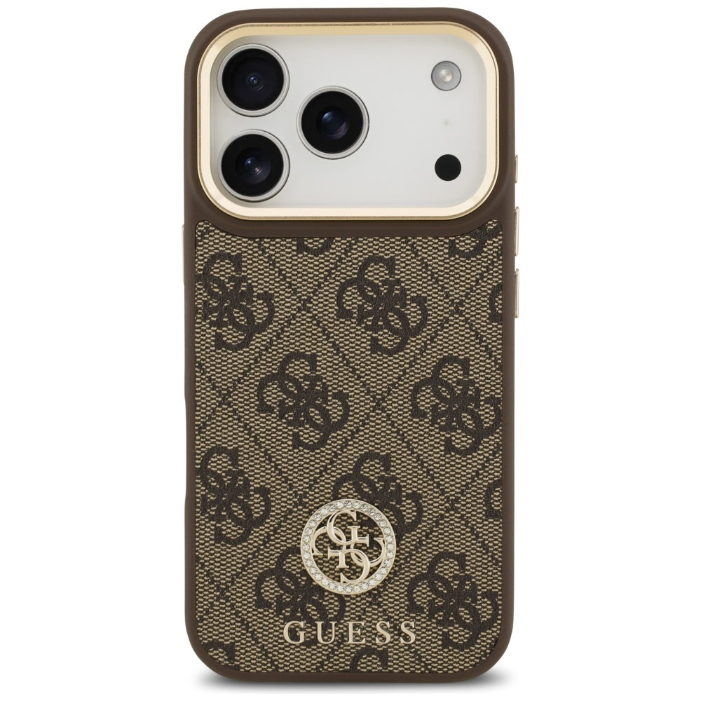 MagSafe Case for Apple iPhone 17 Pro, Guess, 4G Strass Logo with Big Strap, Brown