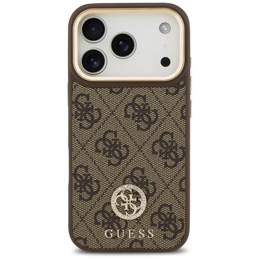 Étui MagSafe pour Apple iPhone 17 Pro, Guess, Logo Strass 4G avec Grande Bandoulière, Marron