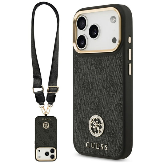 Étui MagSafe pour Apple iPhone 17 Pro, Guess, Logo Strass 4G avec Grande Bandoulière, Noir