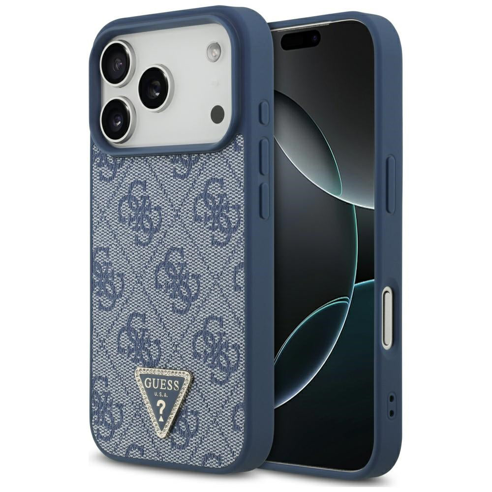 Étui MagSafe pour Apple iPhone 17 Pro, Guess, 4G Triangle Strass, Bleu