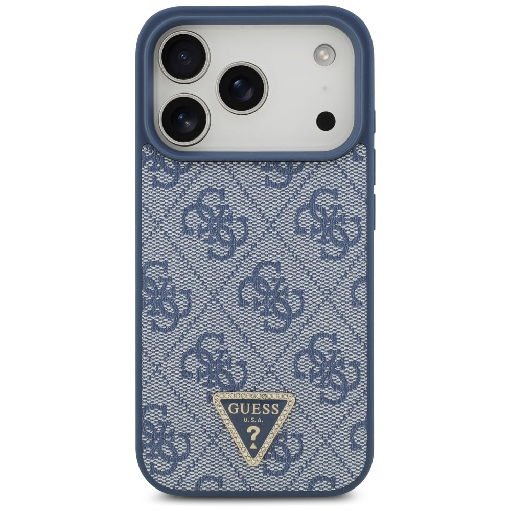 Étui MagSafe pour Apple iPhone 17 Pro, Guess, 4G Triangle Strass, Bleu