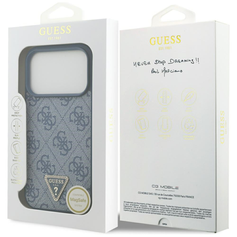Étui MagSafe pour Apple iPhone 17 Pro, Guess, 4G Triangle Strass, Bleu