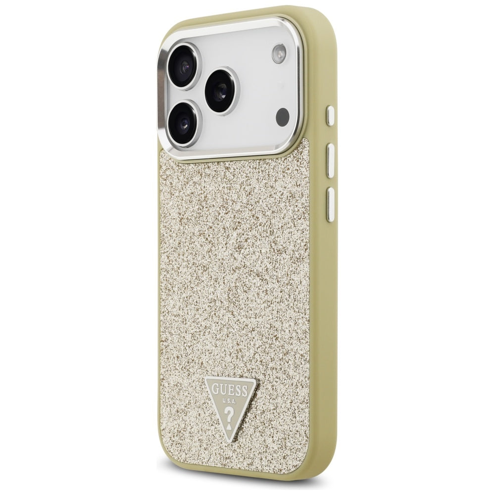 Étui MagSafe pour Apple iPhone 17 Pro, Guess, Logo Triangle Pailleté, Doré