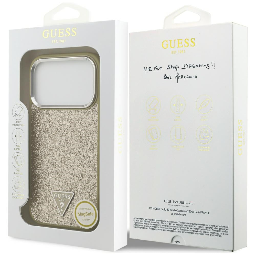 Étui MagSafe pour Apple iPhone 17 Pro, Guess, Logo Triangle Pailleté, Doré