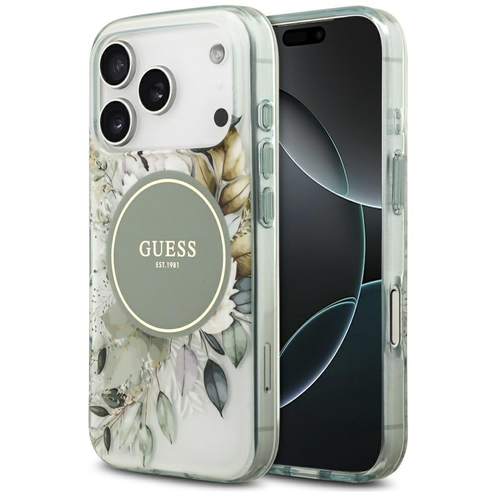 Étui MagSafe pour Apple iPhone 17 Pro, Guess, IML Flower and Tonal Circle, Vert