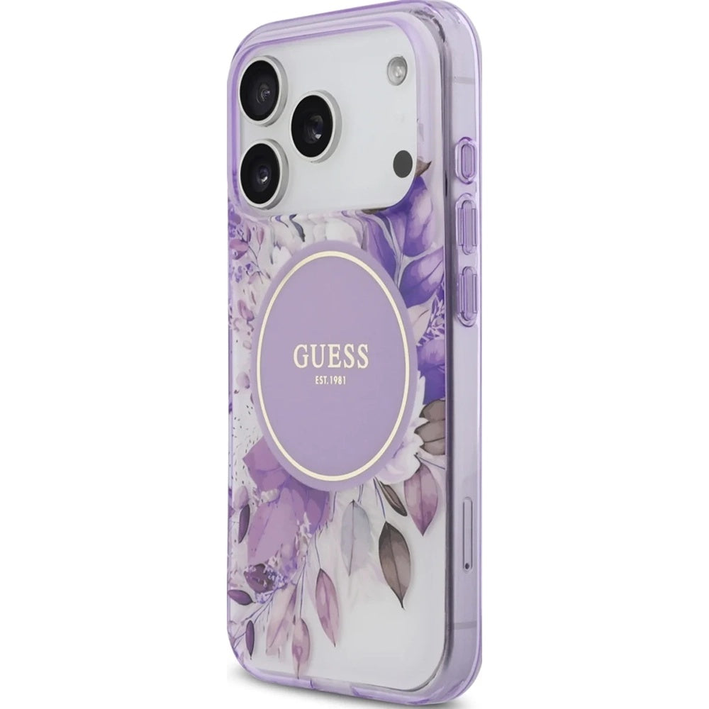 Étui MagSafe pour Apple iPhone 17 Pro, Guess, IML Flower & Tonal Circle, Mauve