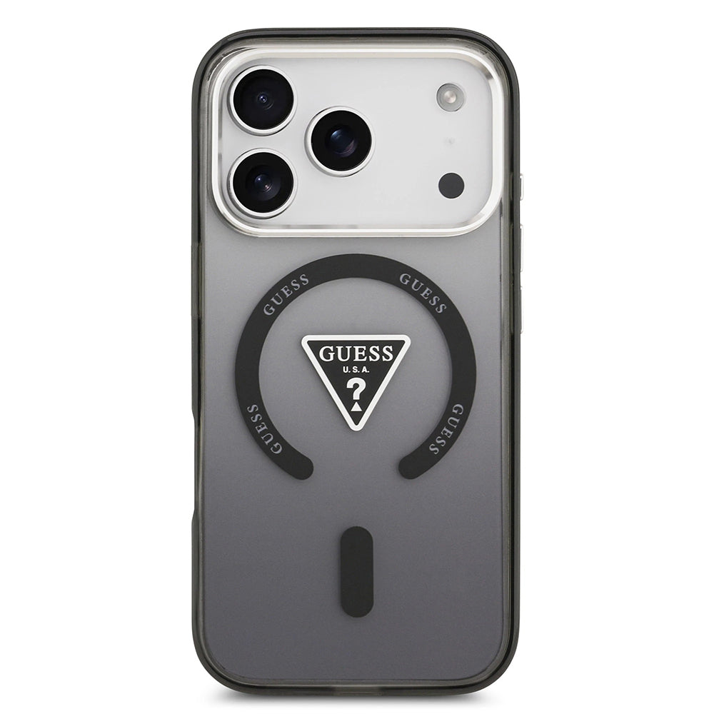 Coque MagSafe pour Apple iPhone 17 Pro, Guess, Logo Triangle Dégradé IML, Noir Argenté