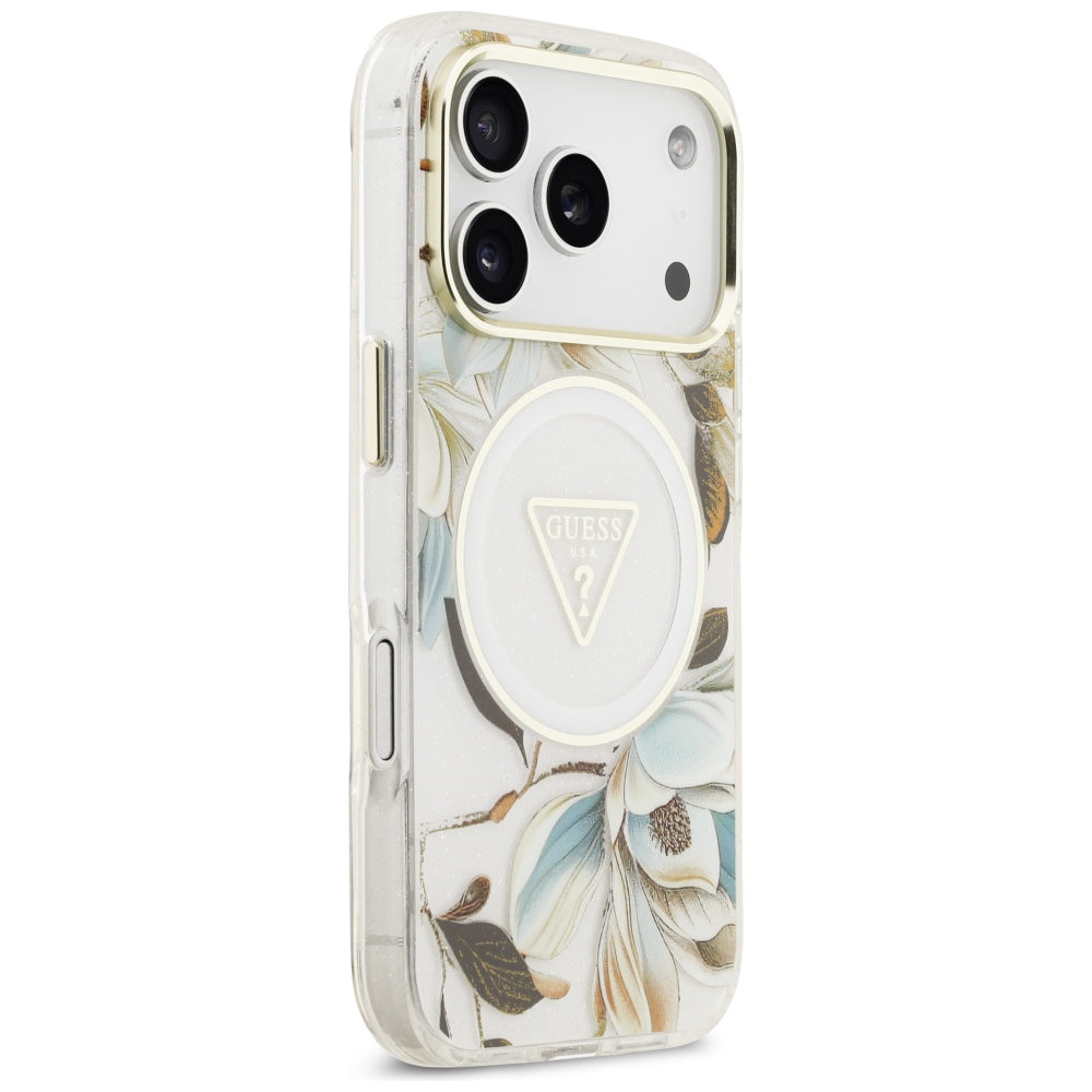 MagSafe Hülle für Apple iPhone 17 Pro, Guess, IML Metal Glitter Flowers Triangle, Weiß