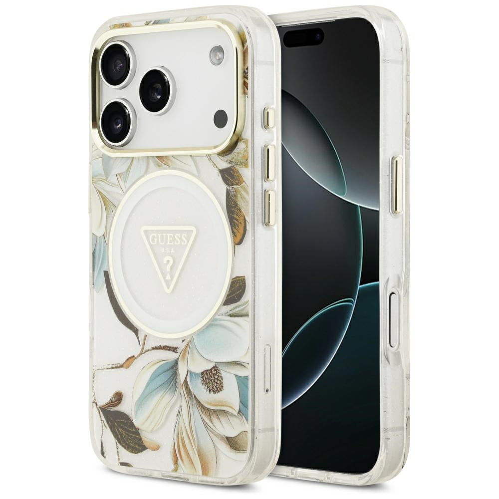 MagSafe Hülle für Apple iPhone 17 Pro, Guess, IML Metal Glitter Flowers Triangle, Weiß