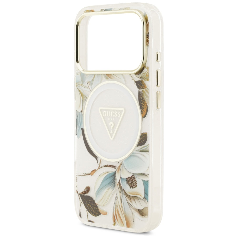 MagSafe Hülle für Apple iPhone 17 Pro, Guess, IML Metal Glitter Flowers Triangle, Weiß