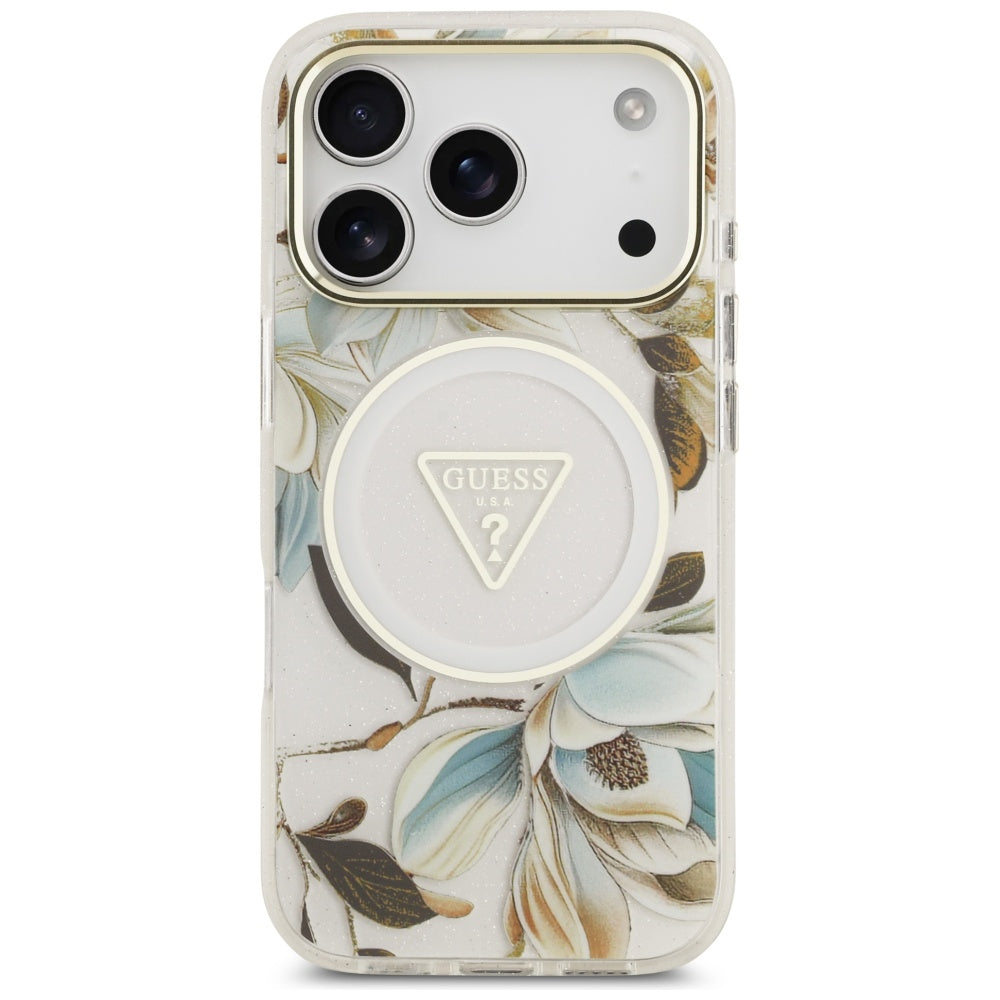 MagSafe Hülle für Apple iPhone 17 Pro, Guess, IML Metal Glitter Flowers Triangle, Weiß