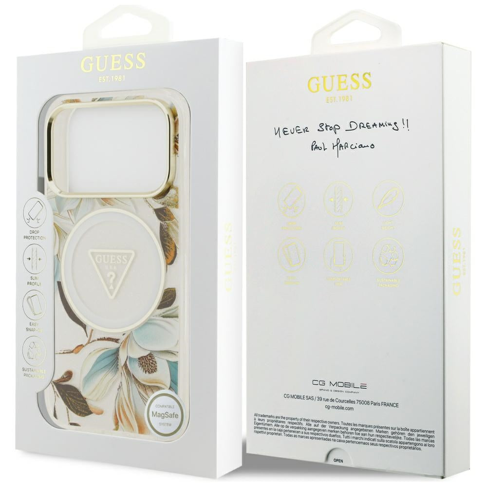 MagSafe Hülle für Apple iPhone 17 Pro, Guess, IML Metal Glitter Flowers Triangle, Weiß