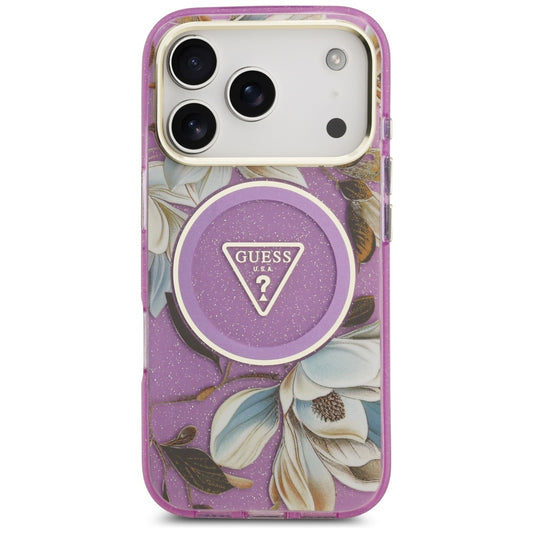 Coque MagSafe pour Apple iPhone 17 Pro, Guess, IML Metal Glitter Flowers Triangle, Violet