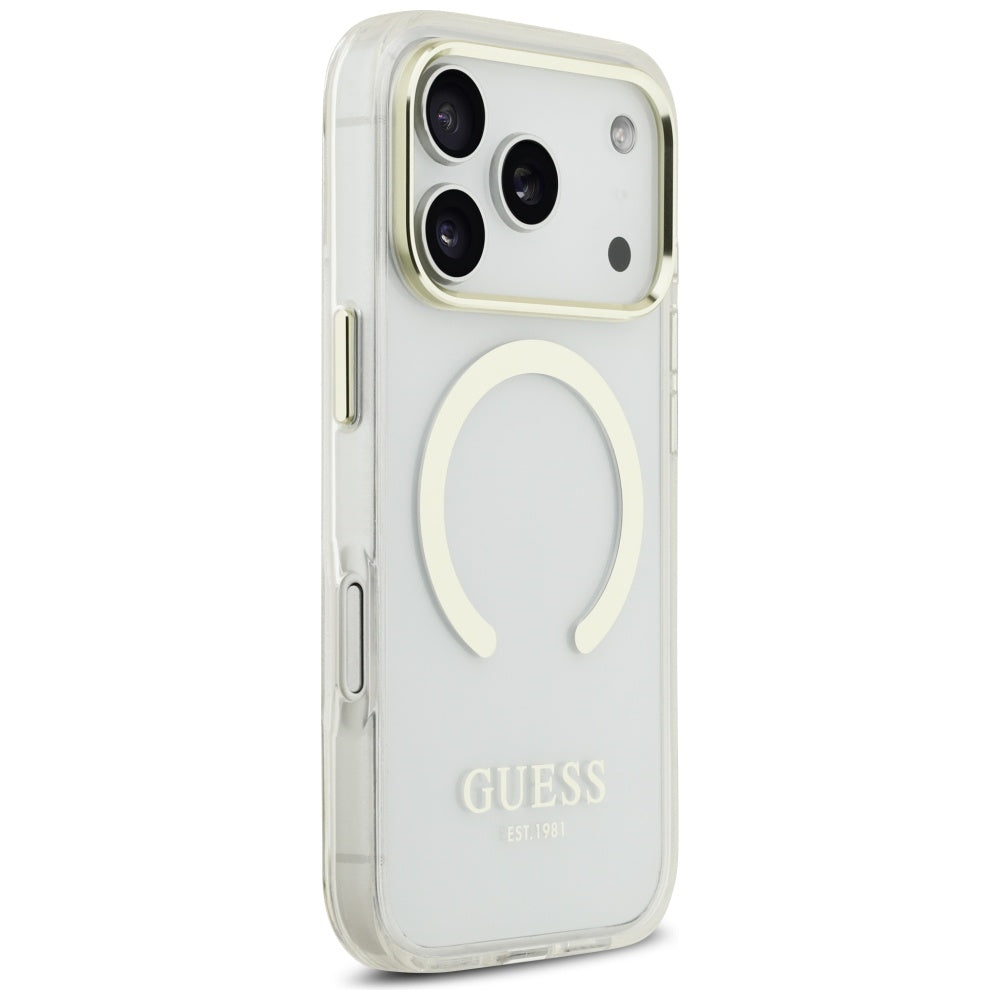 Coque MagSafe pour Apple iPhone 17 Pro, Guess, Contour Métallique, Dorée