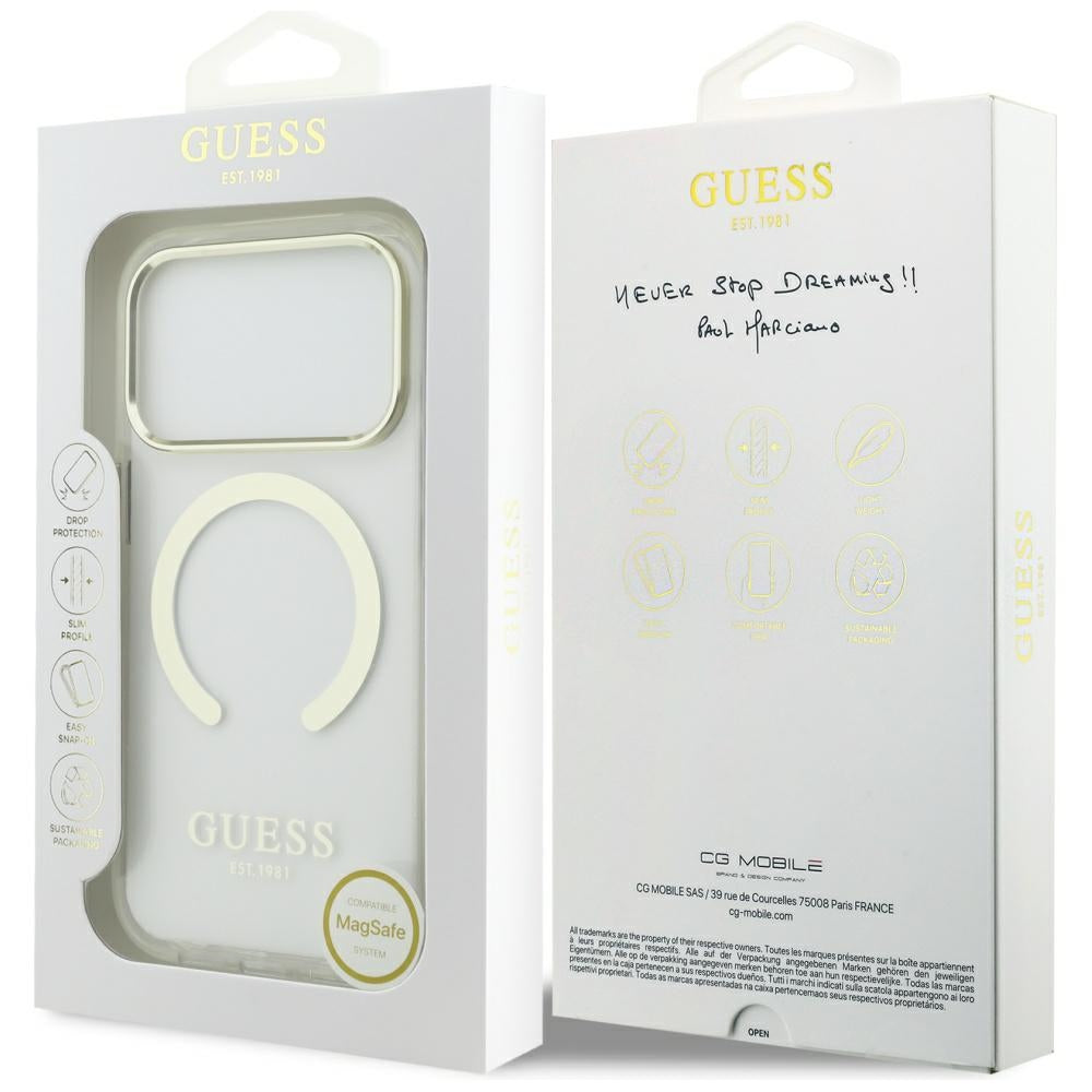 Coque MagSafe pour Apple iPhone 17 Pro, Guess, Contour Métallique, Dorée