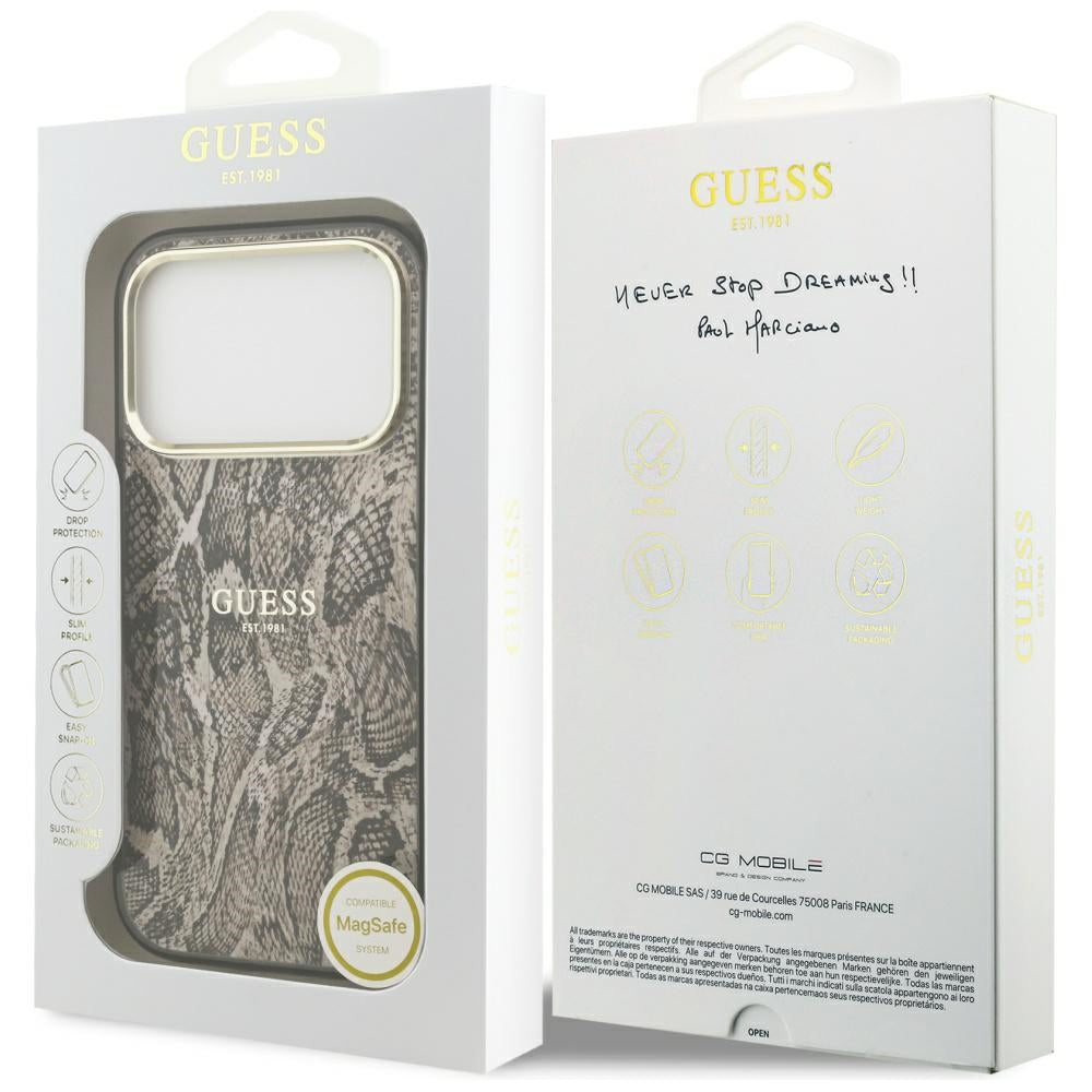 Étui MagSafe pour Apple iPhone 17 Pro, Guess, Motif Python, Marron