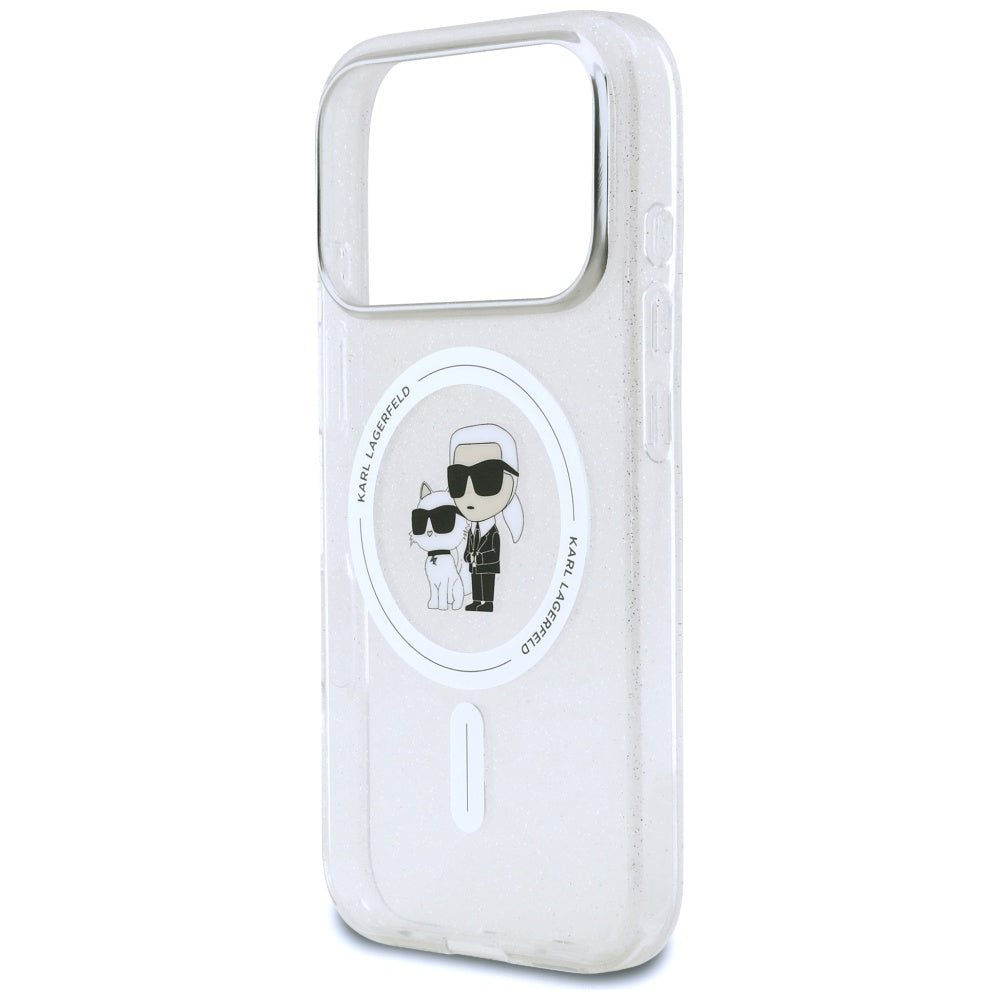 Coque MagSafe pour Apple iPhone 17 Pro, Karl Lagerfeld, IML Glitter Karl & Choupette, Transparente