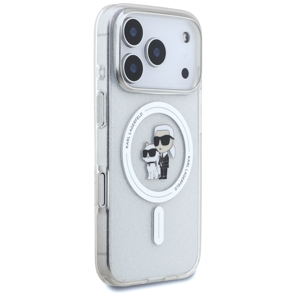 Coque MagSafe pour Apple iPhone 17 Pro, Karl Lagerfeld, IML Glitter Karl & Choupette, Transparente
