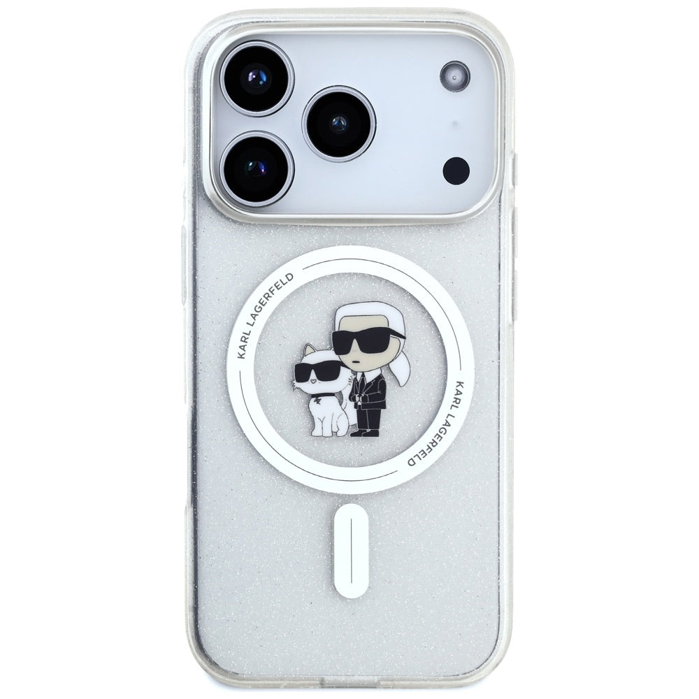 Coque MagSafe pour Apple iPhone 17 Pro, Karl Lagerfeld, IML Glitter Karl & Choupette, Transparente