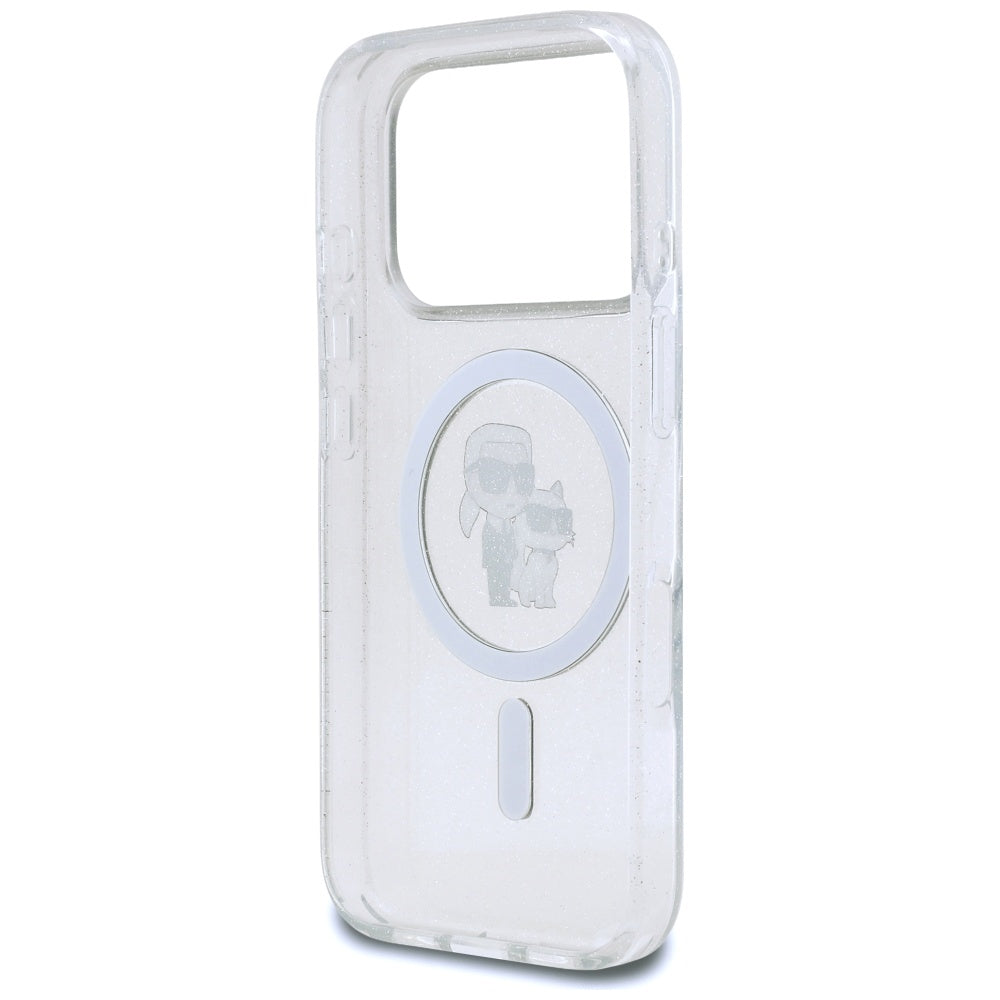 Coque MagSafe pour Apple iPhone 17 Pro, Karl Lagerfeld, IML Glitter Karl & Choupette, Transparente