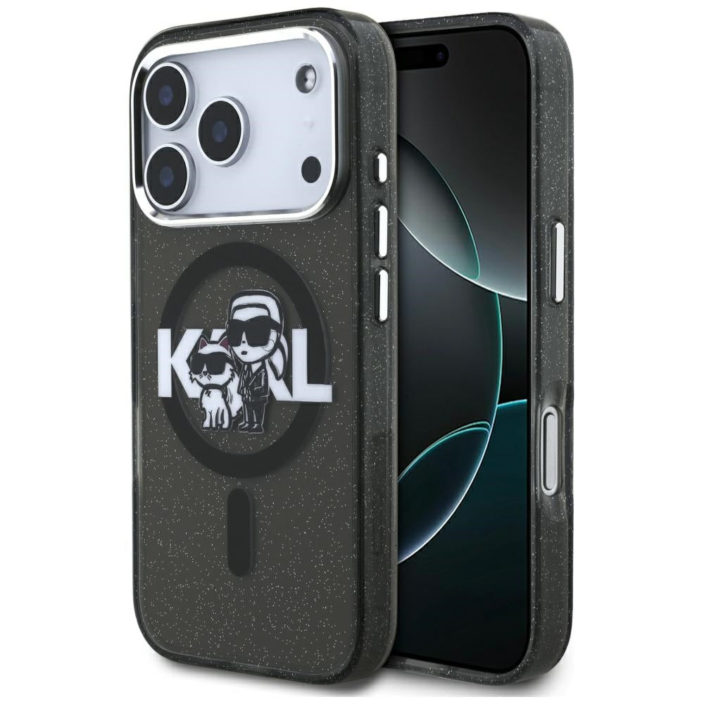 Étui MagSafe pour Apple iPhone 17 Pro, Karl Lagerfeld, IML Sketch Logo Glitter Karl & Choupette, Noir