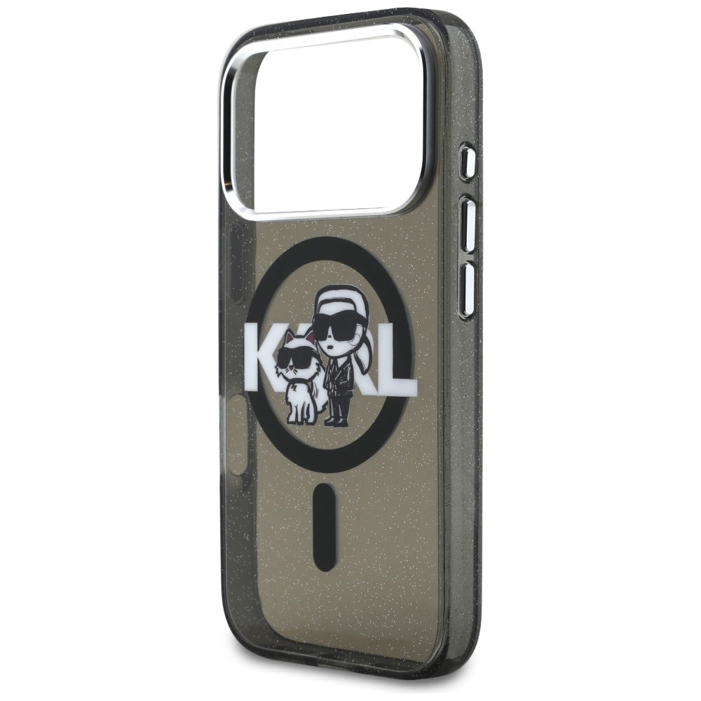 Étui MagSafe pour Apple iPhone 17 Pro, Karl Lagerfeld, IML Sketch Logo Glitter Karl & Choupette, Noir