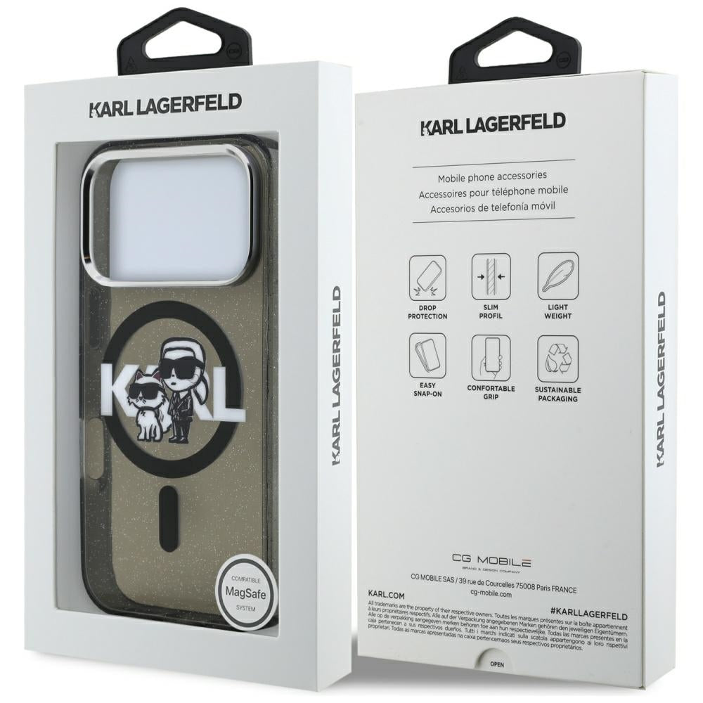Étui MagSafe pour Apple iPhone 17 Pro, Karl Lagerfeld, IML Sketch Logo Glitter Karl & Choupette, Noir