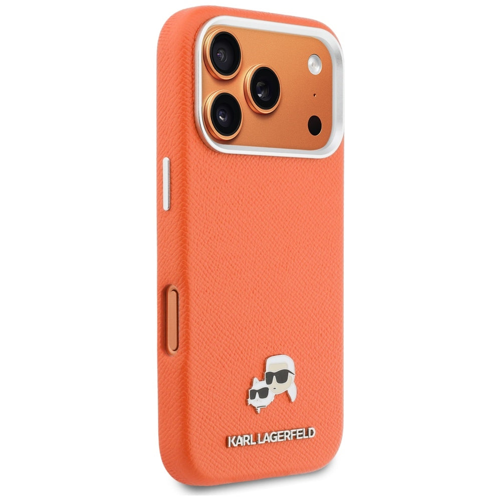 Étui MagSafe pour Apple iPhone 17 Pro, Karl Lagerfeld, Saffiano Karl & Choupette Pins, Orange