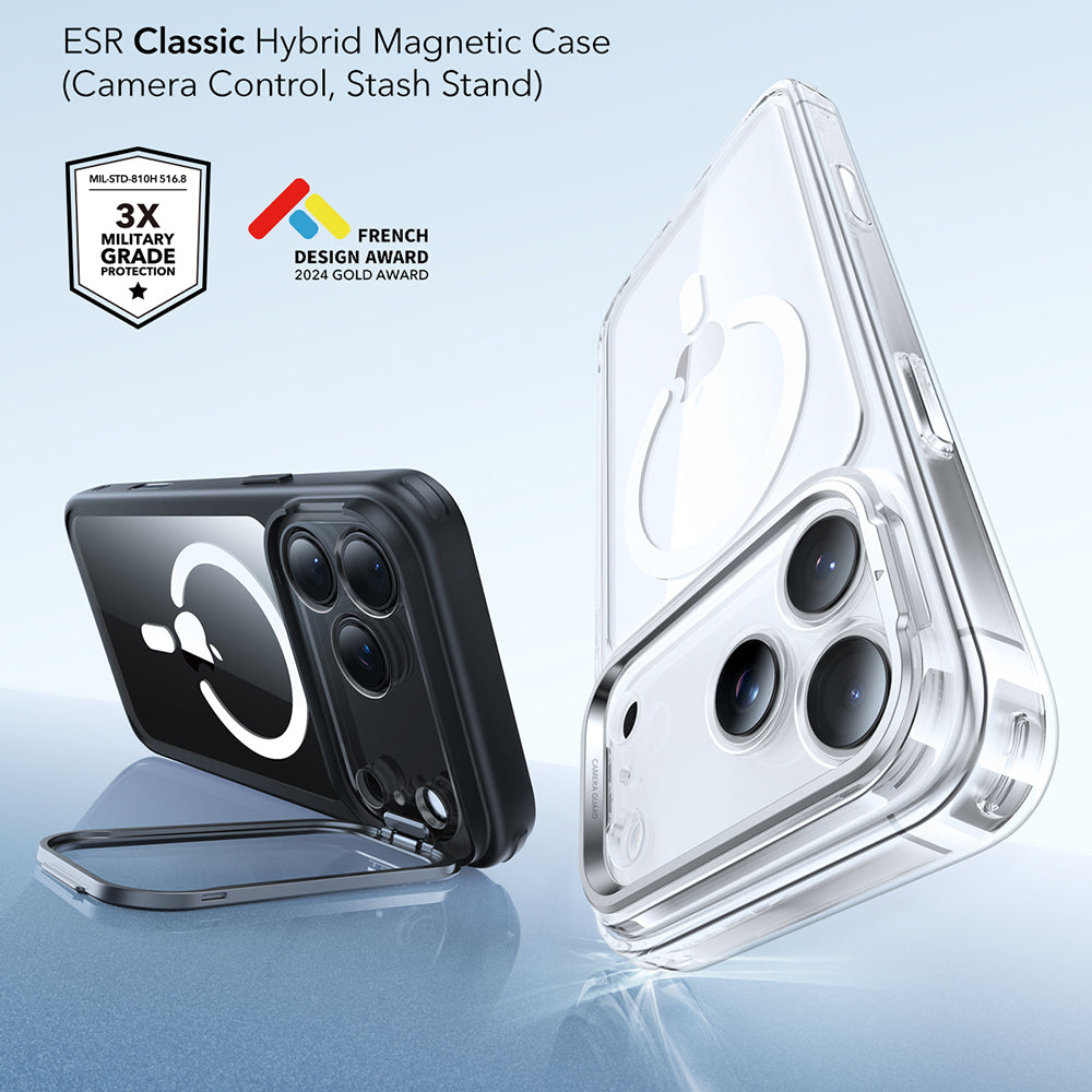 Coque MagSafe pour Apple iPhone 17 Pro Max, ESR, Classic Hybrid Kickstand, Noire Transparente
