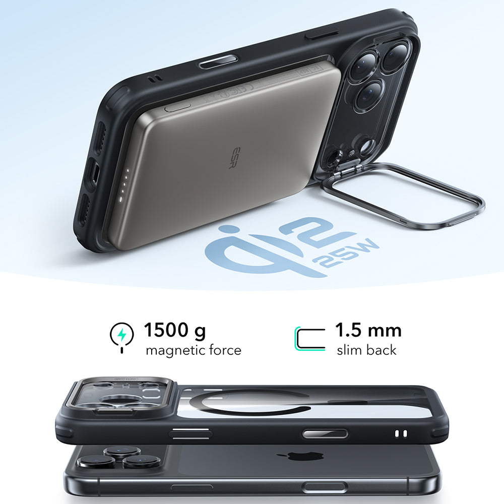 Coque MagSafe pour Apple iPhone 17 Pro Max, ESR, Classic Hybrid Kickstand, Noire Transparente