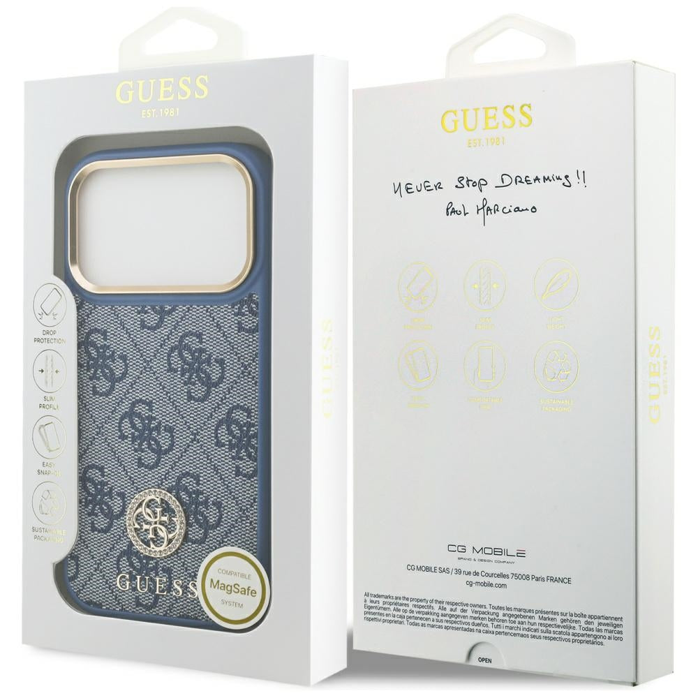 MagSafe Hülle für Apple iPhone 17 Pro Max, Guess, 4G Strass Logo, Blau