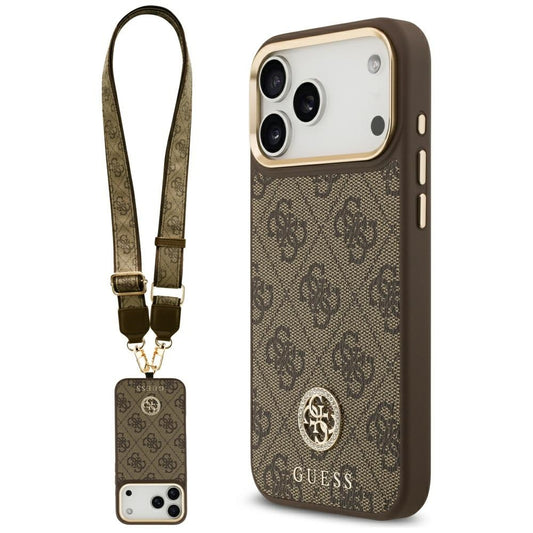 Étui MagSafe pour Apple iPhone 17 Pro Max, Guess, Logo Strass 4G avec Grande Bandoulière, Marron