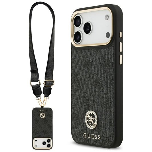 Étui MagSafe pour Apple iPhone 17 Pro Max, Guess, Logo Strass 4G avec Grande Bandoulière, Noir
