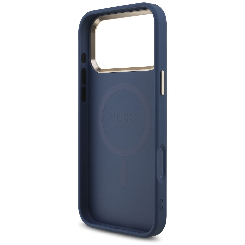 Coque MagSafe pour Apple iPhone 17 Pro Max, Guess, Logo Triangle 4G, Bleu Doré