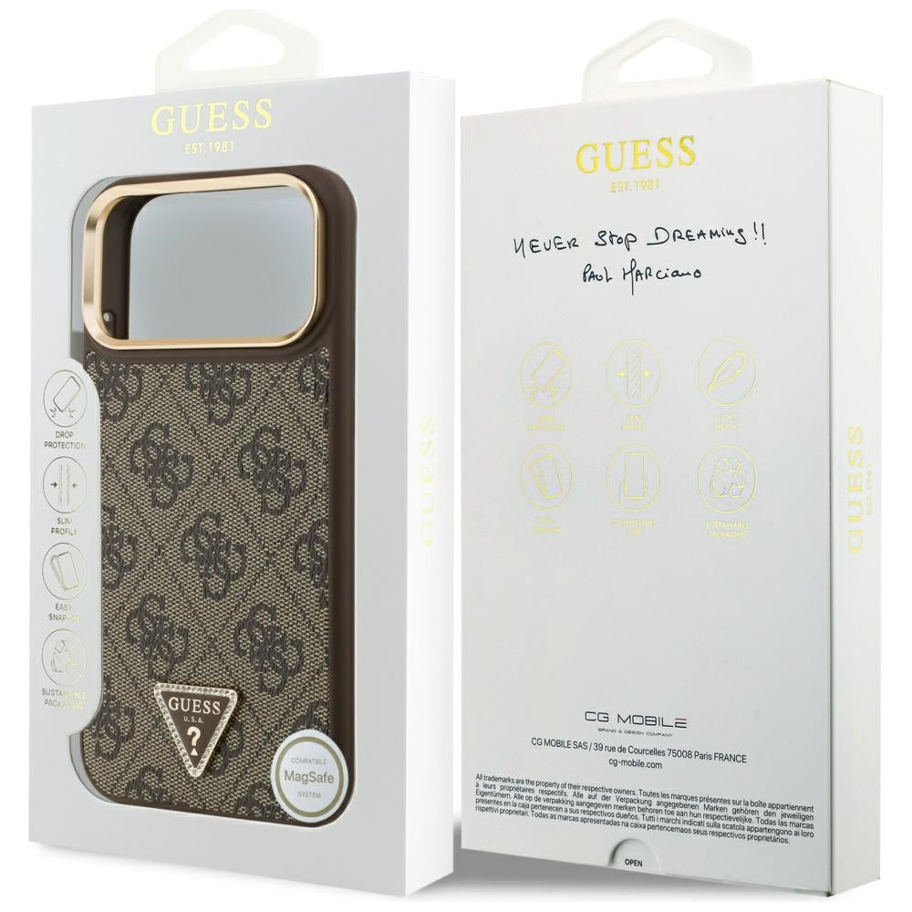 Étui MagSafe pour Apple iPhone 17 Pro Max, Guess, logo Triangle 4G, Marron Doré