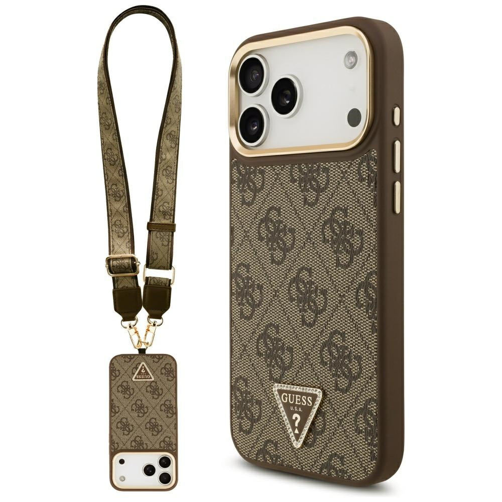 Étui MagSafe pour Apple iPhone 17 Pro Max, Guess, logo Triangle 4G avec grande sangle, Marron