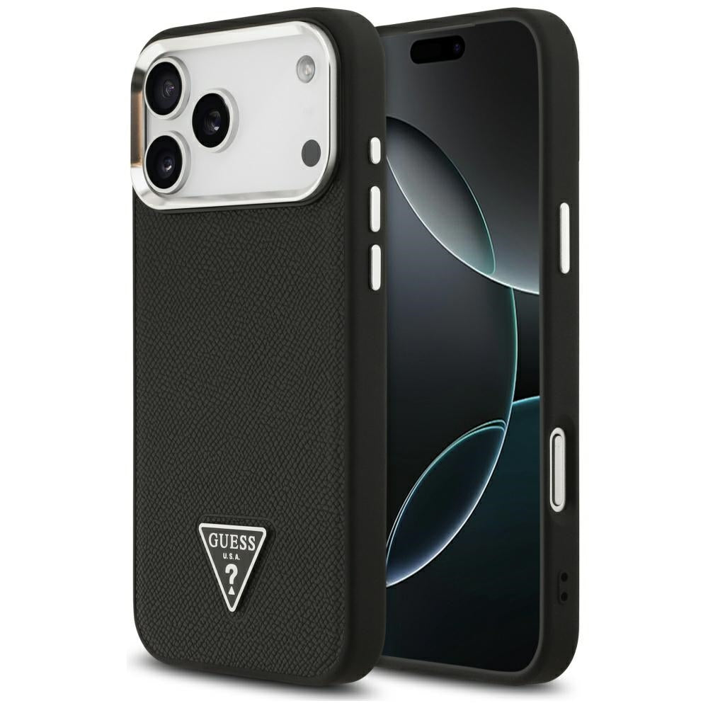 Étui MagSafe pour Apple iPhone 17 Pro Max, Guess, Logo Triangle Grainé, Noir