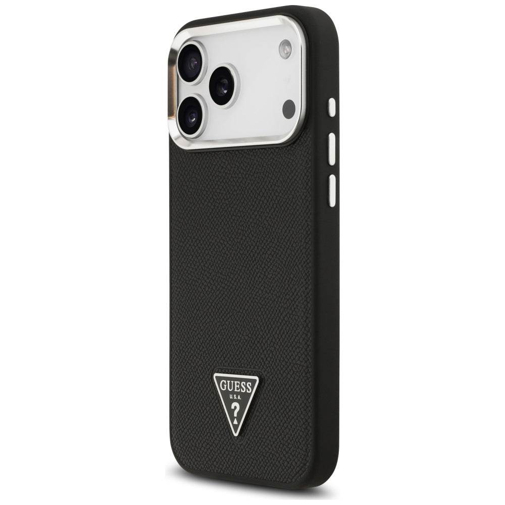 Étui MagSafe pour Apple iPhone 17 Pro Max, Guess, Logo Triangle Grainé, Noir