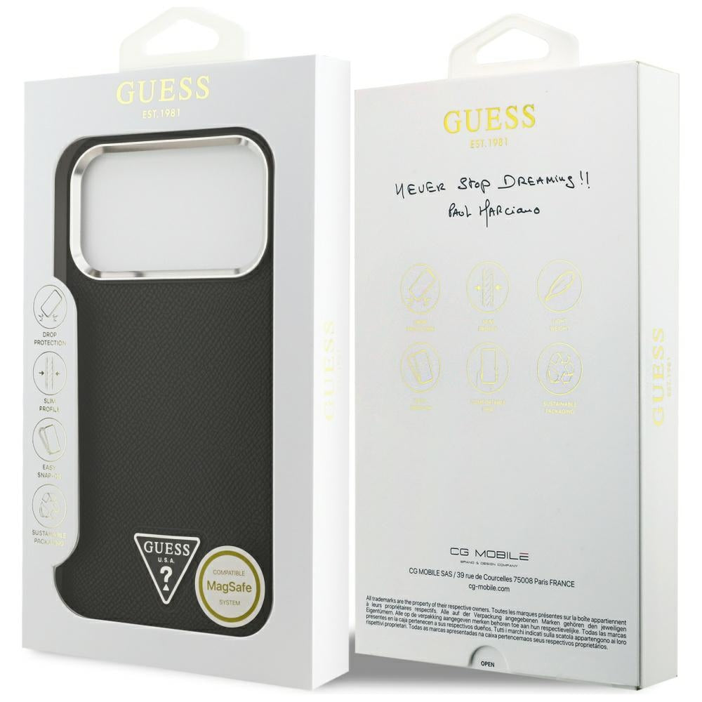 Étui MagSafe pour Apple iPhone 17 Pro Max, Guess, Logo Triangle Grainé, Noir
