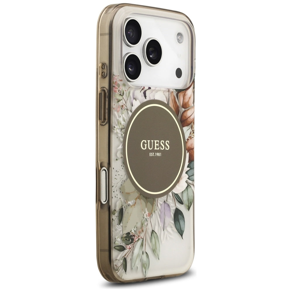 Étui MagSafe pour Apple iPhone 17 Pro Max, Guess, IML Flower & Tonal Circle, Marron