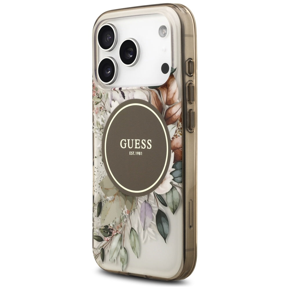 Étui MagSafe pour Apple iPhone 17 Pro Max, Guess, IML Flower & Tonal Circle, Marron
